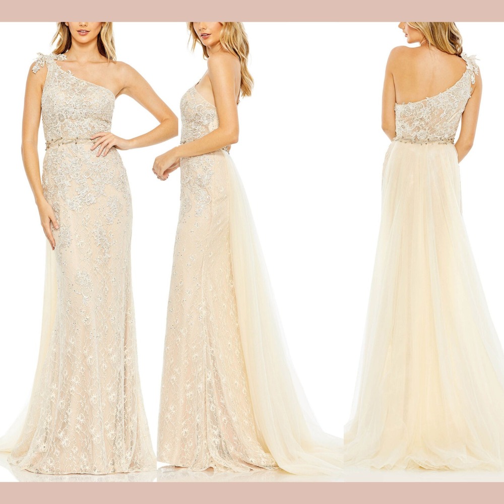 NWT Mac Duggal [ 10 ] 79315 Panel Train One Shoulder Lace Gown Ivory Nude #J1728